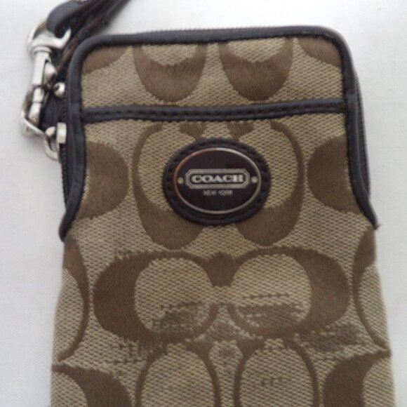 Coach Vintage Leather w/ Canvas Logo brown wristlet wallet pouch mini zip top - Picture 4 of 9